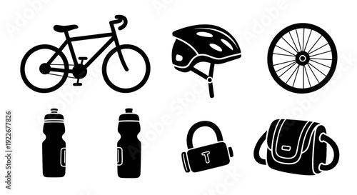 Cycling and Biking Equipment Vector Glyph Icons Set. Solid Black Monochrome Collection of Sports and Outdoor Activity Accessories: Bicycle, Helmet, Wheel, Water Bottle, Lock, Bag.