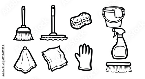 Hand-drawn Black and White Line Art Cleaning Supplies Icon Set. Household Housekeeping Tools and Equipment Collection.