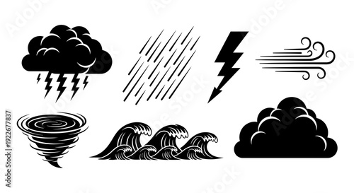 Weather and Natural Disaster Black  White Glyph Vector Icons Set. Climate Phenomena Symbols: Storm, Rain, Wind, Lightning, Tornado, Waves, Cloud.