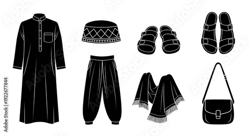 Traditional Islamic Muslim Arabic Men's Clothing  Accessories Glyphs: Thobe, Kufi, Sandals, Harem Pants, Scarf, Bag. Black  White Line Art Vector Set.