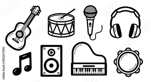 Black and White Hand-Drawn Line Art Icons Set of Musical Instruments and Sound Equipment for Music Industry. Entertainment, Audio Vector.