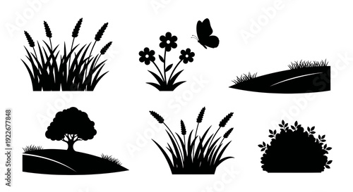 Nature and Garden Elements Silhouette Icons Set. Black  White Glyph Vector of Grass, Flowers, Butterfly, Tree, Bush, and Hills for Environment  Landscape.