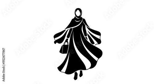 Black and White Vector Silhouette Icon of a Woman in Hijab and Abaya with Handbag, representing Modest Fashion and Shopping.
