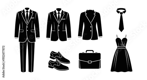 Business Formal Wear Glyph Icons Set: Men's Suits, Women's Blazer  Dress, Shoes, Tie, Briefcase - Professional Attire Black  White Silhouettes Collection