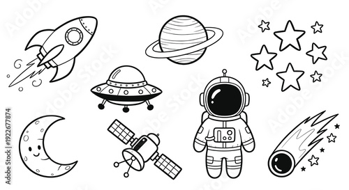Black and White Line Art Space Elements Set for Kids. Hand-drawn Doodle Icons with Rocket, Astronaut, Planet, UFO, Moon, Satellite, Comet, and Stars.