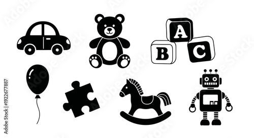 Children's Toys Black  White Glyph Icons Set. Flat Design Silhouettes for Childhood Playtime: Car, Teddy Bear, ABC Blocks, Balloon, Puzzle, Rocking Horse, Robot.
