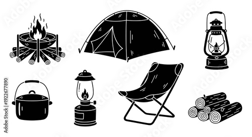 Camping and Outdoor Adventure Gear Black  White Glyph Icons Set. Monochrome Collection of Campfire, Tent, Lantern, Pot, Chair, and Firewood Elements.