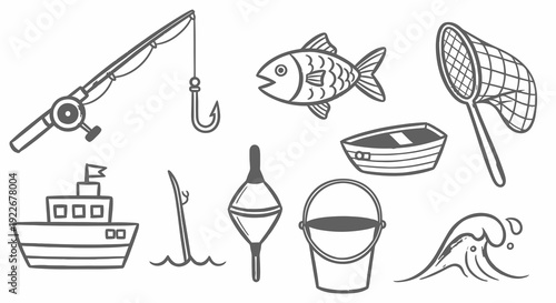Hand-Drawn Black and White Line Art Fishing and Marine Equipment Icon Set. Featuring Rod, Hook, Fish, Boat, Net, Bobber, Bucket, and Wave for Outdoor Recreation.