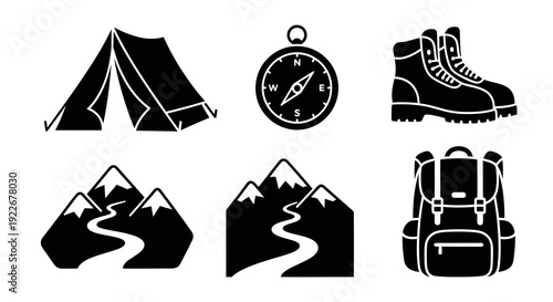 Outdoor Adventure Camping and Hiking Glyph Icons Set. Black and White Silhouette Symbols for Travel, Nature Exploration, Tent, Compass, Boots, Mountains, and Backpack.