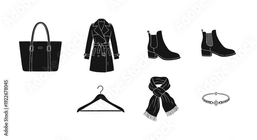 Fashion Apparel and Accessories Black Glyph Icons Set. Vector collection of clothing items: trench coat, tote bag, ankle boots, scarf, hanger, and bracelet.