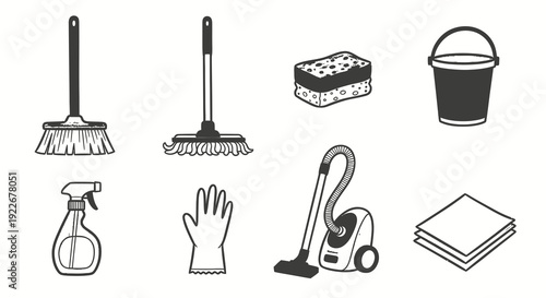 Black and White Line Art Icons of Cleaning Supplies: Broom, Mop, Sponge, Bucket, Spray Bottle, Gloves, Vacuum, Cloth