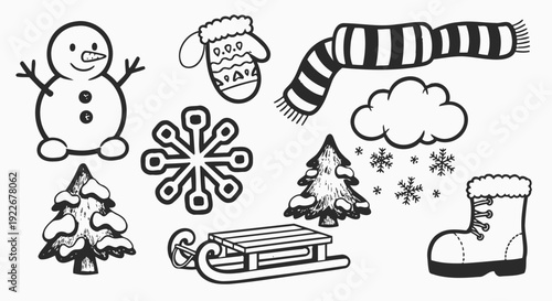Black and White Line Art Vector Icons of Winter Objects: Snowman, Snowflake, Tree, Sledge, Scarf, Mitten, Cloud, Boot