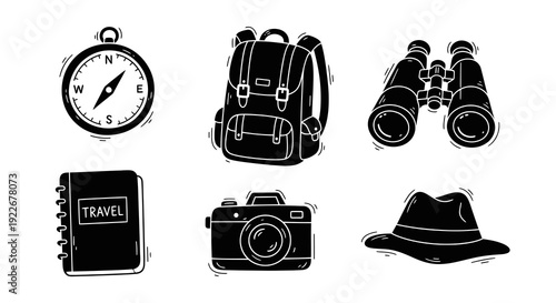 Hand-drawn Travel and Adventure Glyph Icons. Black and white silhouette illustrations of exploration essentials: compass, backpack, binoculars, camera, hat, journal.