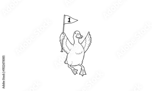 Cartoon Penguin Holding Flag in Victory.