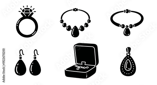 Black and White Glyph Icons of Jewelry: Ring, Necklaces, Earrings, Pendant, and Jewelry Box