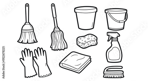 Black and White Line Art Cleaning Supplies: Broom, Mop, Gloves, Sponge, Bucket, Rag, Spray Bottle, Brush