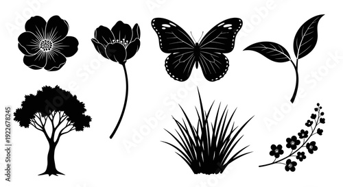 Black and White Silhouette Icons of Nature: Butterfly, Flowers, Tree, Grass, and Leaves