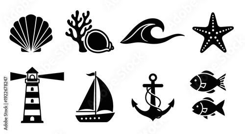 Nautical and Marine Life Glyph Icons Set. Black and White Solid Symbols for Ocean and Sea Themes, featuring Shell, Coral, Wave, Starfish, Lighthouse, Sailboat, Anchor, Fish.