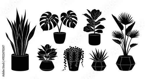 Home Decor Houseplants Silhouette Glyphs Vector Icon Set: Modern Potted Indoor Plants for Interior Design and Gardening Projects