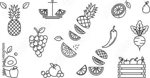 Fresh fruits and vegetables outline icons collection with pineapple grape citrus chili crate and juice symbols vector illustration set.