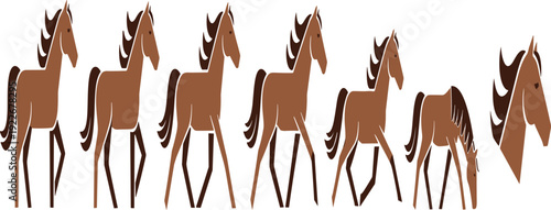 Brown horse silhouettes in different walking and grazing poses farm animal collection isolated flat vector illustration set.