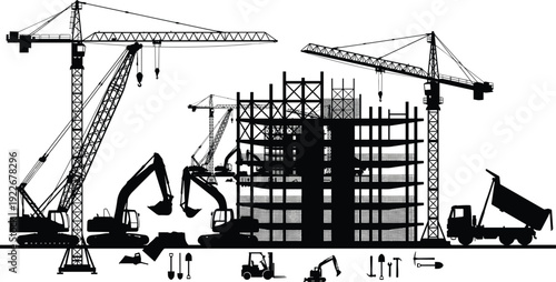 Construction Site Silhouette Illustration Featuring Tower Cranes, Excavators, Dump Truck, Building Framework and Heavy Machinery Industrial Engineering Concept