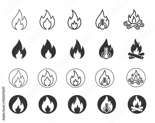 Fire Flame Icons Set. Line, Solid and Circle Campfire and Heat