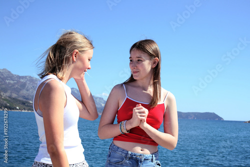 teenage girls outside having fun, lifestyle people concept