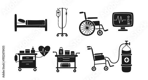 Medical Hospital Equipment Glyph Icons Set. Healthcare Facility, Patient Care, Emergency Black  White Symbols of IV Drip, Wheelchair, Monitor, Bed, Oxygen Tank.