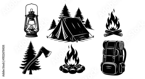 Vintage Black and White Camping and Outdoor Adventure Vector Icons Set with Tent, Campfire, Lantern, Axe, Pine Tree, and Backpack Elements