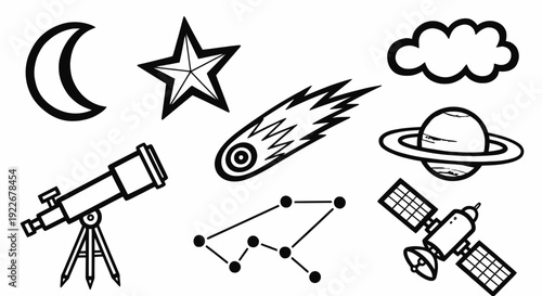 Black and White Line Art Doodle Set: Astronomy and Space Icons including Celestial Bodies, Exploration Instruments, and Spacecraft