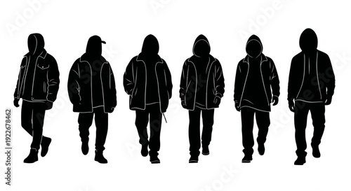 Black  White Silhouette of Men in Hoodies and Jackets, Fashion and Streetwear Style