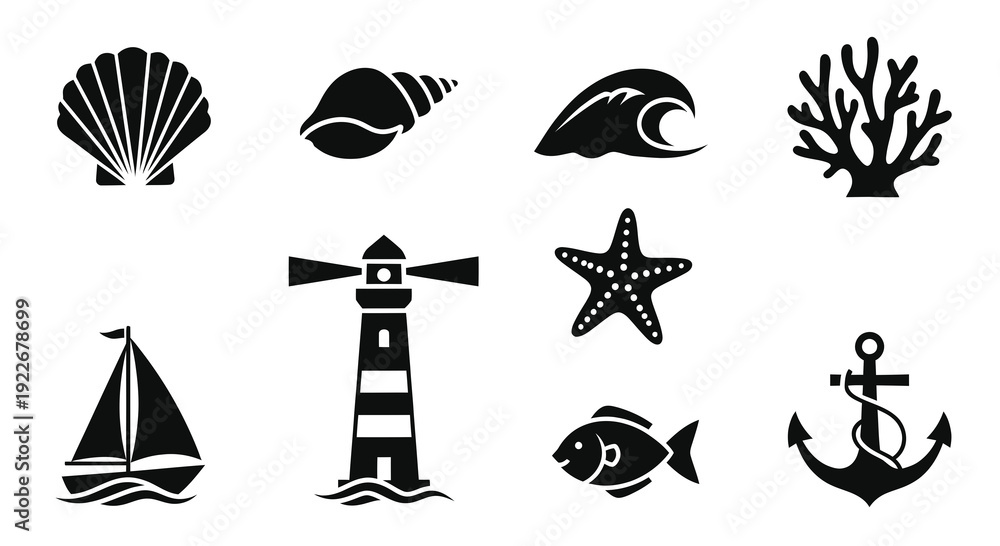 Obraz premium Nautical Marine Ocean Glyph Icons Set. Black Flat Sea Symbols Collection for Summer, Beach and Travel Design Elements.