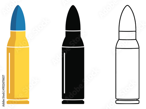 Bullet illustrations vector three different styles and color schemes, modern ammunition design
