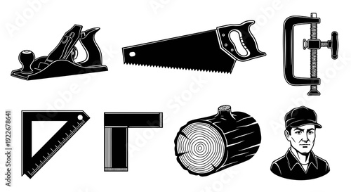 Retro Vector Set of Carpentry and Woodworking Tools with Hand Plane, Saw, Clamp, Squares, Wood Log, and Carpenter Illustration in Black and White Line Art Style