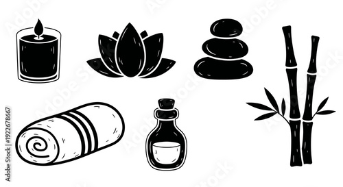 Hand-drawn Black and White Spa and Wellness Icon Set. Relaxation and beauty elements like candle, lotus flower, zen stones, bamboo, rolled towel, and essential oil bottle.
