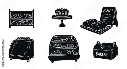 Hand-drawn Black and White Glyph Icons Set of Bakery and Cafe Essentials: Bread, Cake, Pastries, Display Case, Menu Board, and Cash Register.