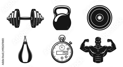 Fitness Gym Equipment and Bodybuilding Icons Set - Monochrome Glyph Vector Collection for Workout and Training