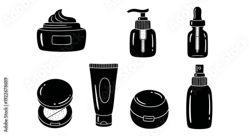 Beauty and Skincare Products Black and White Glyph Icons. Vector Set of Cosmetic Bottles, Jars, Tubes, Compacts, Sprays, and Droppers for Personal Care.