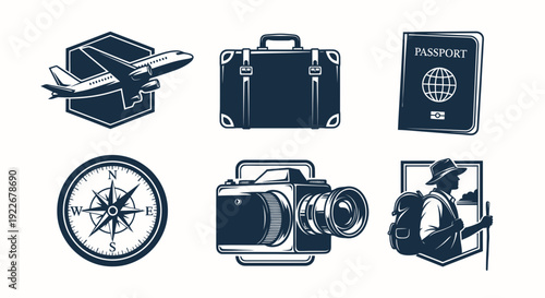Vintage Travel and Tourism Duotone Vector Icons Set. Retro-style Illustrations of Airplane, Suitcase, Passport, Compass, Camera, and Hiker Symbols.