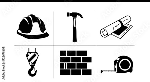 Construction Industry Black and White Glyph Icons. Vector set of building tools and elements: hard hat, hammer, blueprint, crane hook, brick wall, tape measure.