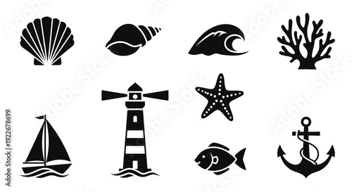 Nautical Marine Ocean Glyph Icons Set. Black Flat Sea Symbols Collection for Summer, Beach and Travel Design Elements.