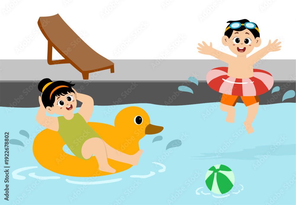 Fototapeta premium Little kid swimming at the swimming pool. kid playing at the swimming pool illustration, vector