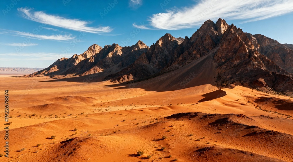 Fototapeta premium Sandy Desert with Rugged Mountain Peaks Under Blue Sky