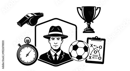 Soccer Coach Referee Manager Glyph Vector Icon Set for Sports. Black and White Illustration with Whistle, Stopwatch, Ball, Tactics Board, and Trophy.
