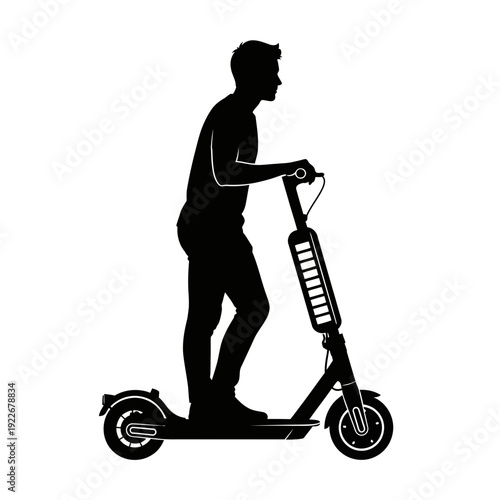 A smiling businessman and a happy child have fun working together as the man pushes a vacuum cleaner while the boy rides his scooter across the clean household floor