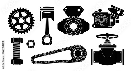 Industrial and Automotive Mechanical Parts Vector Silhouette Icons Set. Engineering Machinery Components and Machine Elements Collection in Black and White Glyph Style.