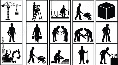 Construction and engineering worker icon collection showing building activities, industrial equipment, labor tasks and workplace safety silhouettes for construction industry concepts