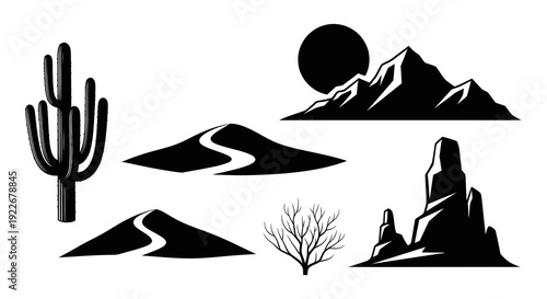 Desert Landscape Nature Icons Set. Black  White Silhouette Vector Collection: Cactus, Sand Dunes, Mountains, Moon, Bare Tree, Rock Formations.