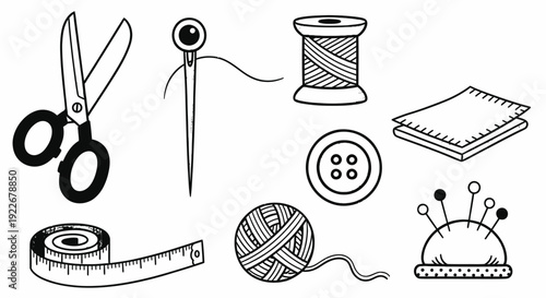 Handicraft and Sewing Tools Black and White Line Art. Collection of Tailoring Supplies: Scissors, Needle, Thread, Button, Fabric, Pincushion, Measuring Tape, Yarn.